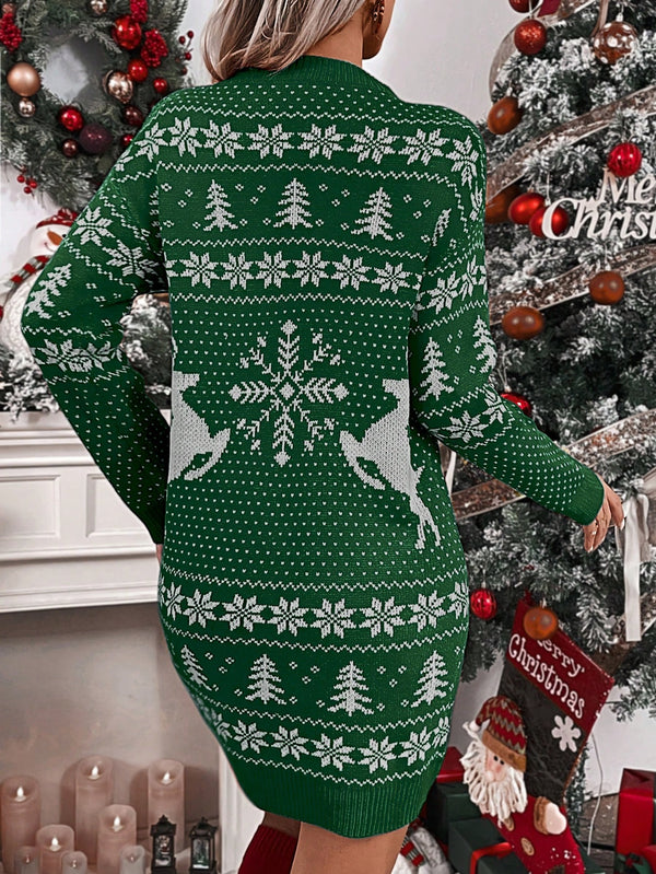 Christmas Pattern Drop Shoulder Sweater Dress (Dark Green)
