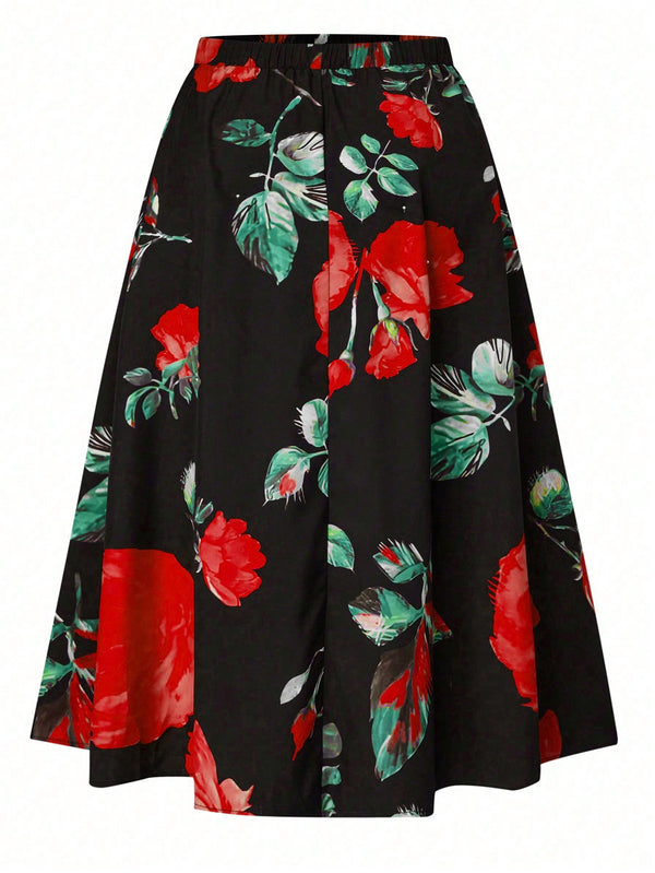 Privé Plus Floral Print Flare Skirt (Red)