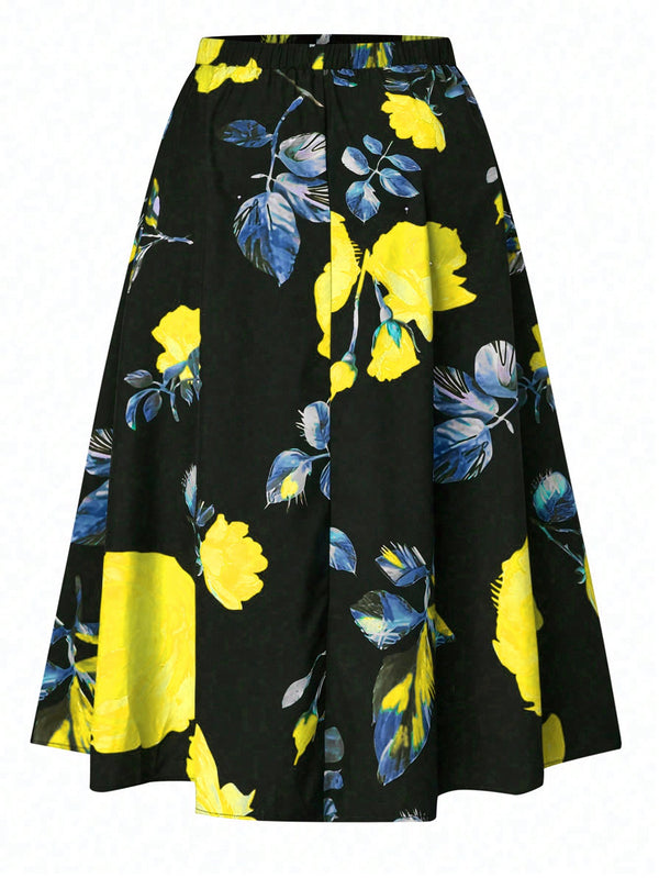 Privé Plus Floral Print Flare Skirt (Yellow)