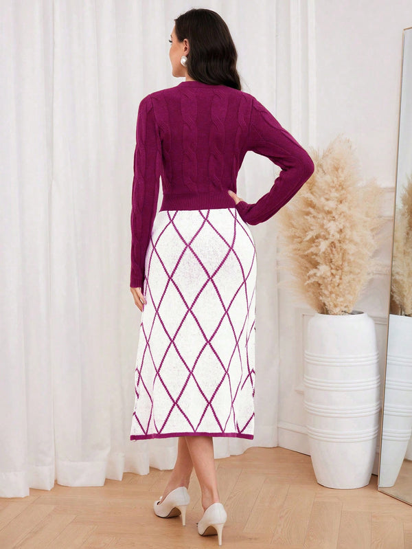Modely Argyle Pattern Pearls Beaded Sweater Dress (Hot Pink)