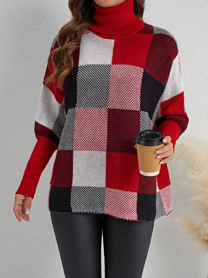 EMERY ROSE Women's Turtleneck Plaid Batwing Sleeve Sweater (Red)