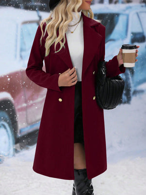 Frenchy Lapel Neck Double Breasted Overcoat (Burgundy)
