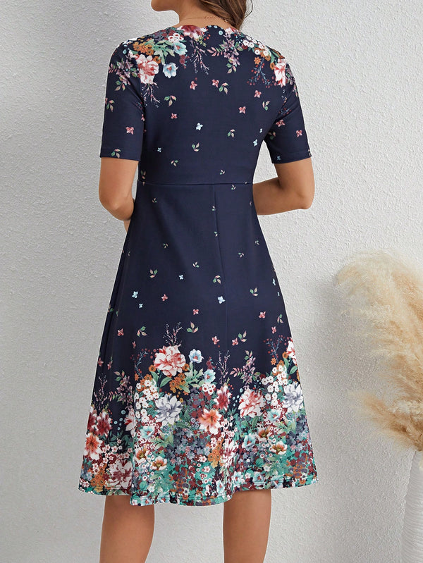 Clasi V-Neck Short Sleeve Floral Print Dress (Navy Blue)