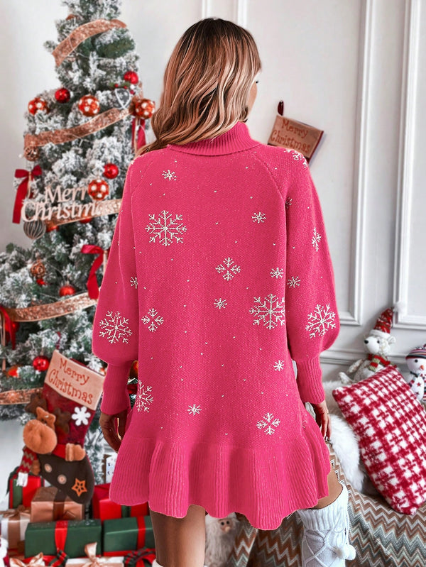 Snowflake Pattern Turtleneck Sweater Dress (Hot Pink)