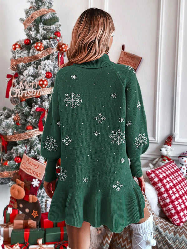 Snowflake Pattern Turtleneck Sweater Dress (Dark Green)