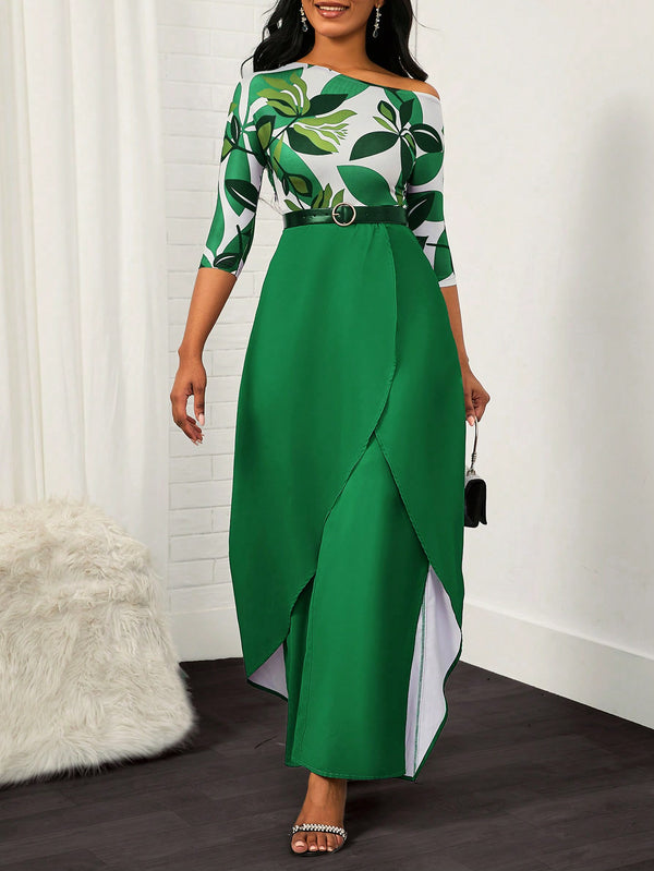 Lady Leaves Print Asymmetrical Neck Overlay Hem Jumpsuit Without Belt (Green)