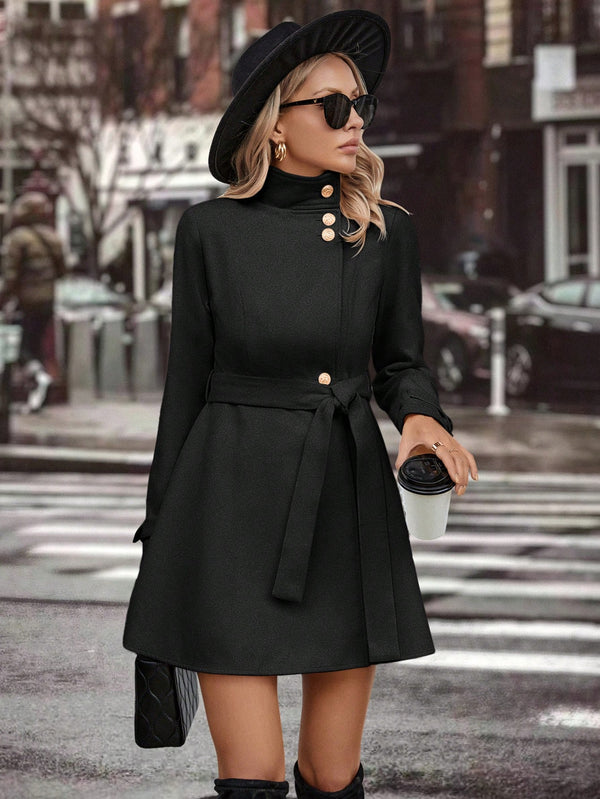 Clasi Solid Button Front Belted Tweed Coat (Black)