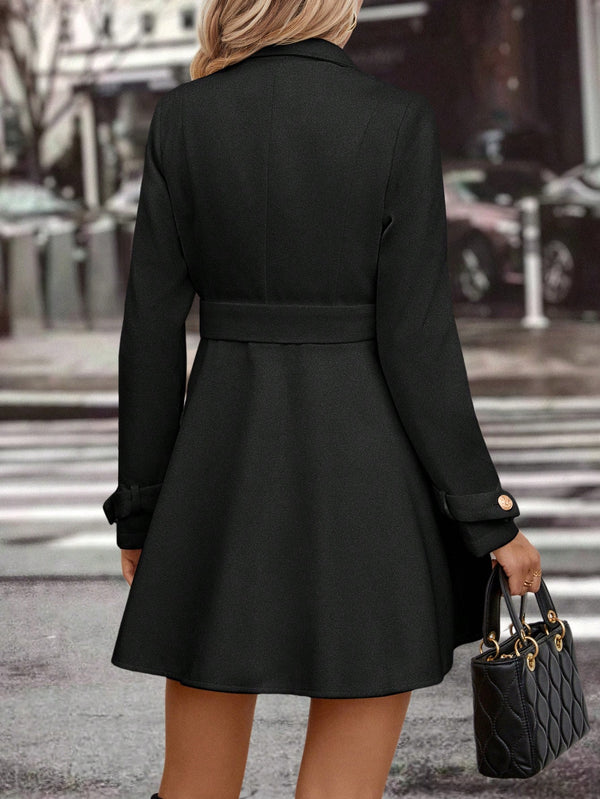 Clasi Solid Button Front Belted Tweed Coat (Black)