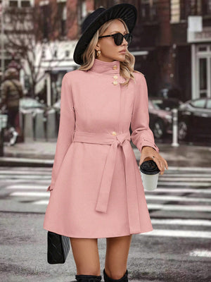 Clasi Solid Button Front Belted Tweed Coat (Pink)