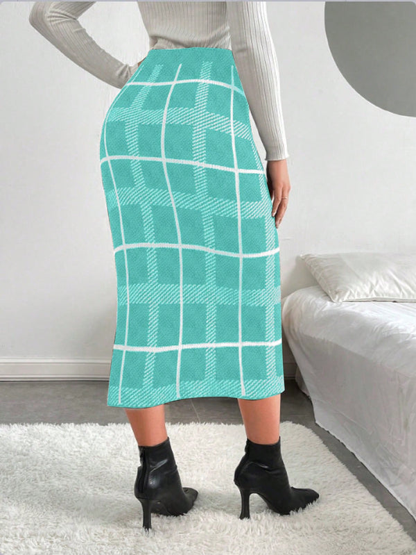 Essnce Plaid Pattern Split Hem Knit Skirt (Blue)