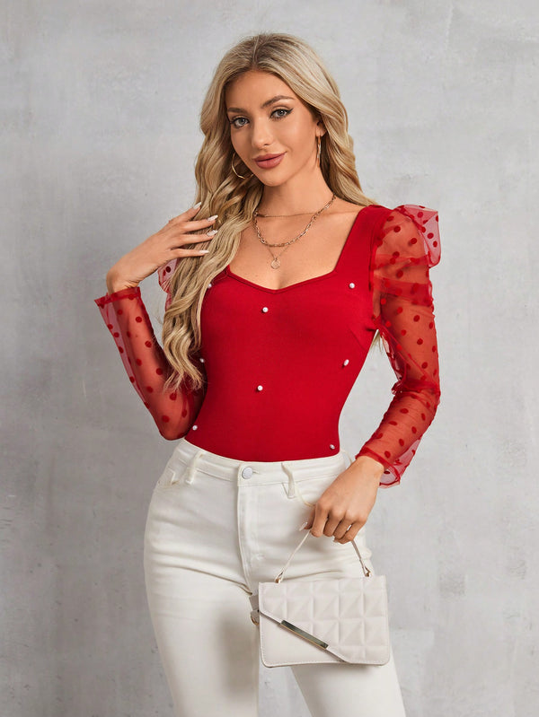 Clasi Polka Dot Mesh Patchwork Leg-Of-Mutton Sleeve Top Beaded Decor (Red)