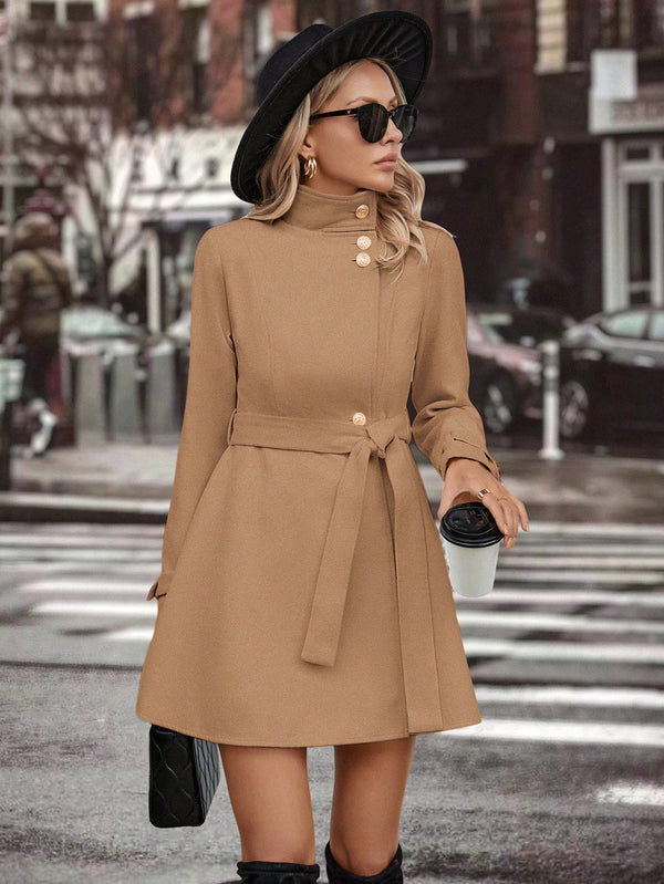 Clasi Solid Button Front Belted Tweed Coat (Khaki)