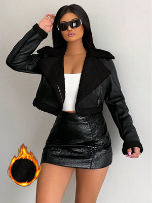 SXY Women's Fleece Short Motorcycle Jacket (Black-2)
