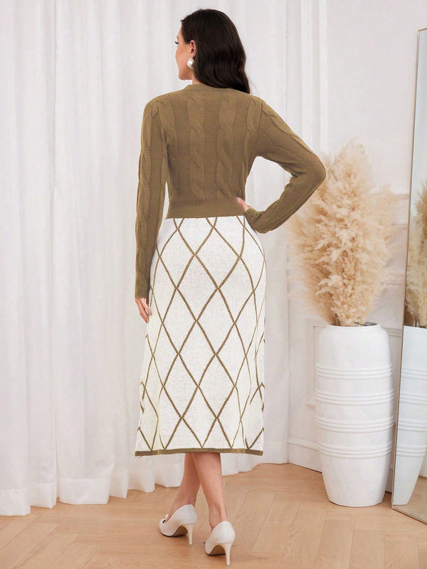 Modely Argyle Pattern Pearls Beaded Sweater Dress (Khaki)