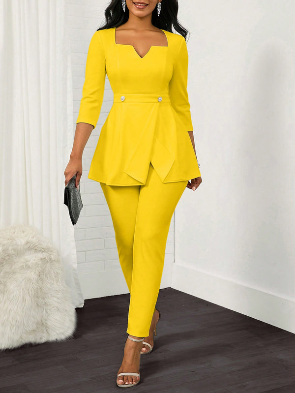 Lady Ladies' Solid Color Sweetheart Neck Two Piece Set (Yellow)