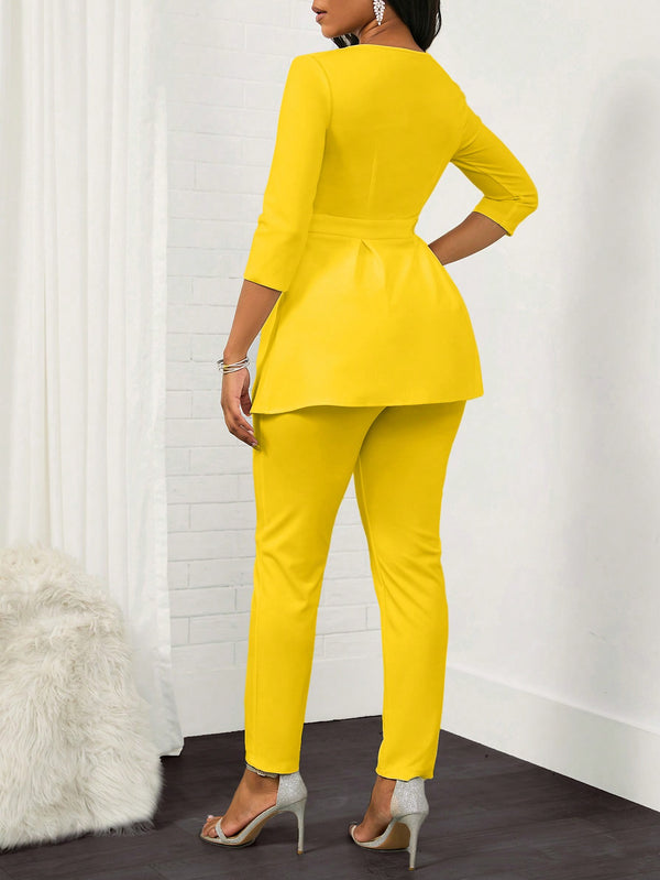 Lady Ladies' Solid Color Sweetheart Neck Two Piece Set (Yellow)