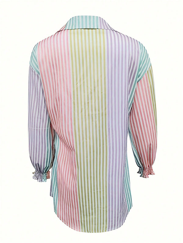 Women Stripe Colorblock Flare Sleeve Drop Shoulder Oversize Shirt (Blue)
