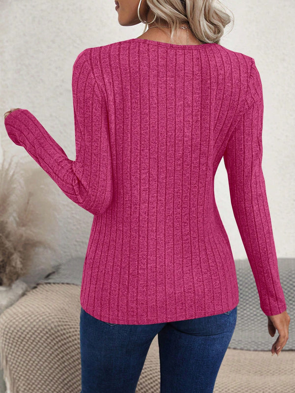 Women's Asymmetric Hem Slit Ribbed Long Sleeve T-Shirt (Hot Pink)