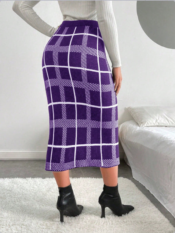 Essnce Plaid Pattern Split Hem Knit Skirt (Blue-2)