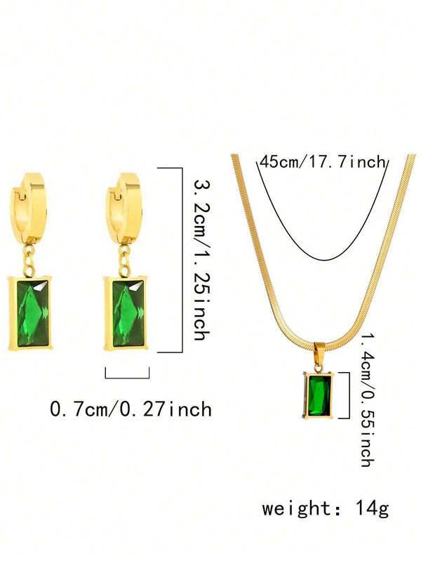 Set Of Square Stainless Steel Green Crystal Cubic Zirconia Necklace & Earrings | SmartBuyApparel