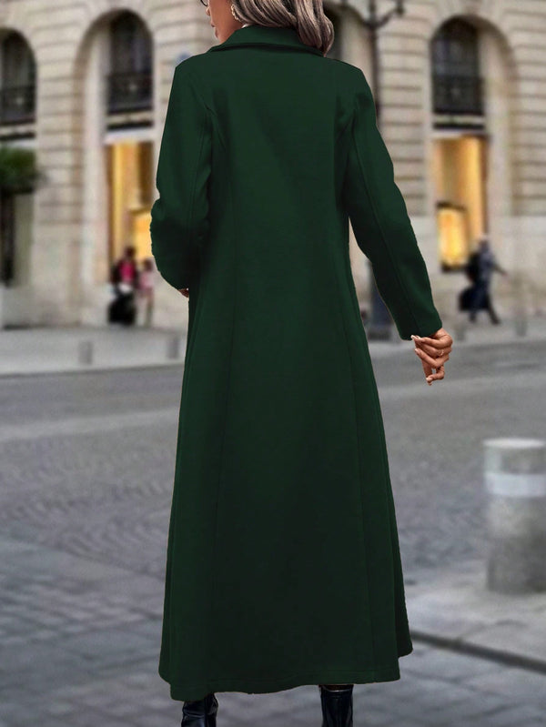 Clasi Long Woolen Coat With Pointed Lapel Collar And Double-breasted Buttons (Dark Green)