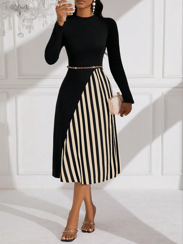 Lady Women's Pure Color Striped Patchwork Dress (Khaki)