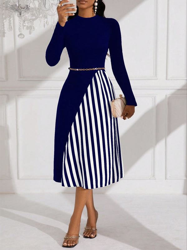 Lady Women's Pure Color Striped Patchwork Dress (Navy Blue)