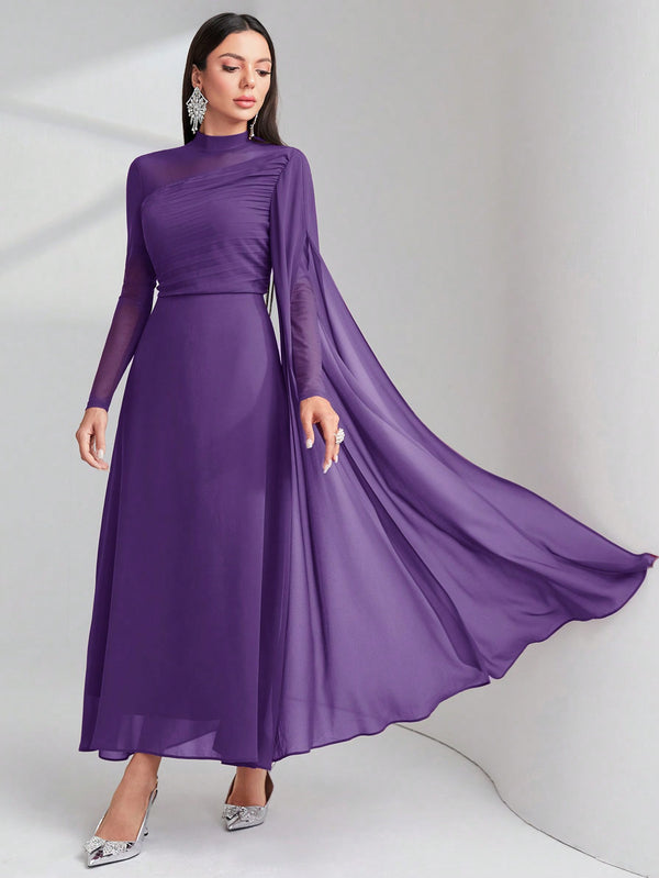Modely Contrast Mesh Ruched Dress With Sleeves Dress (Purple)
