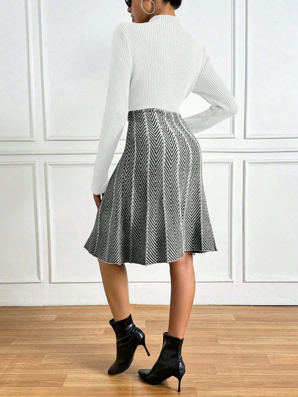 Privé Colorblock Herringbone Pattern Stand Collar Ribbed Knit Sweater Dress (White)