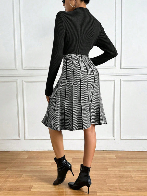 Privé Colorblock Herringbone Pattern Stand Collar Ribbed Knit Sweater Dress (Black)