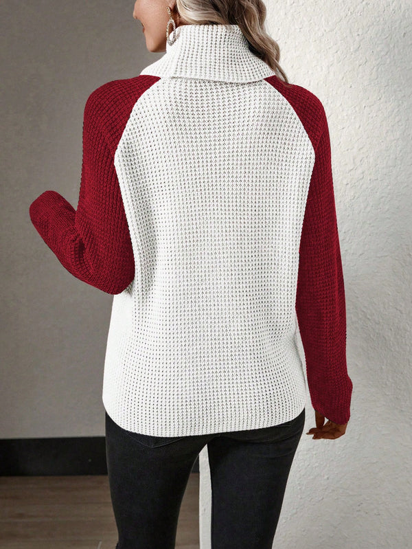 LUNE Contrasting Color Draped Neck Wrap Sweater (Burgundy)