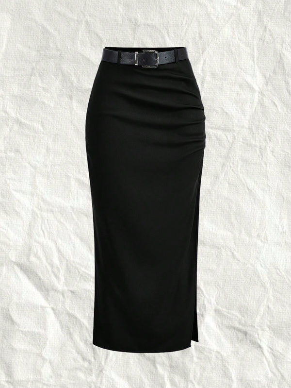 EZwear Woven Women's Belted Long Suit Skirt (Black)