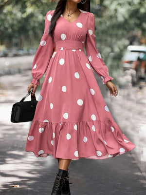 Clasi Women Polka Dot Bubble Sleeve Dress With Ruffle Hem (Dusty Pink)