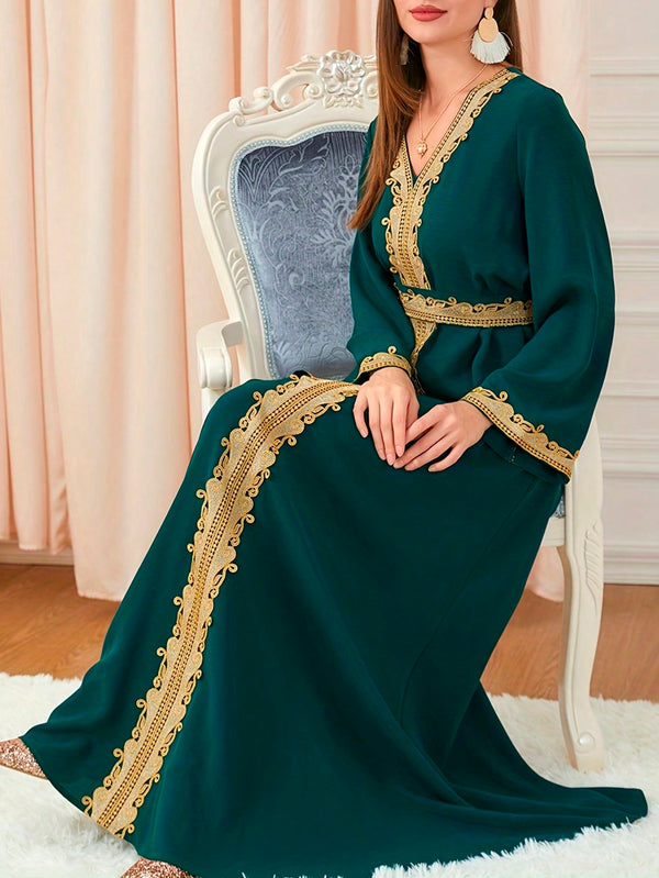 Women's Floral Embroidery Lapel Collar 3/4 Sleeve Dress (Dark Green)