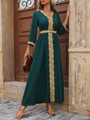 Women's Floral Embroidery Lapel Collar 3/4 Sleeve Dress (Dark Green)