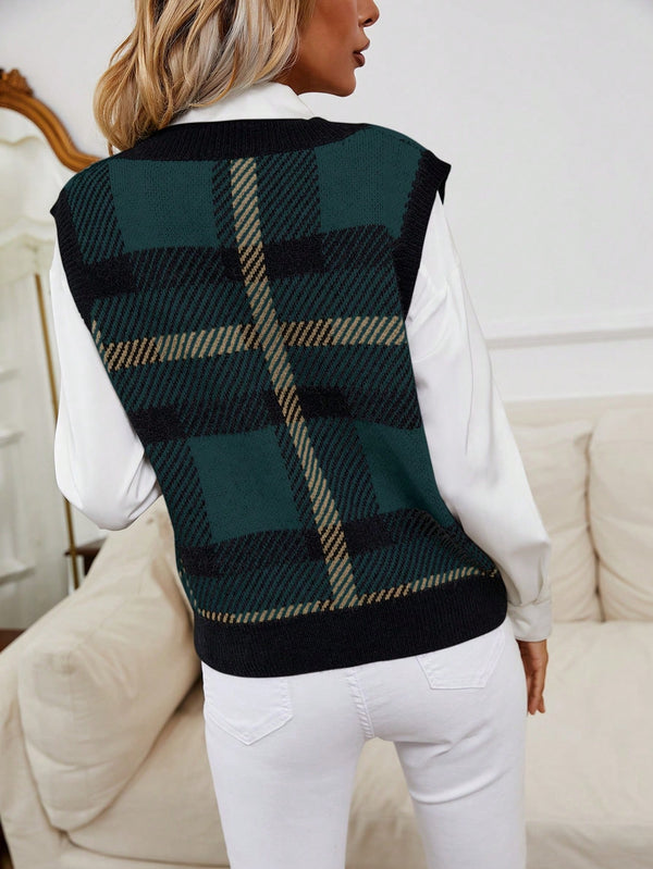 Frenchy Plaid Pattern Sweater Vest (Dark Green)