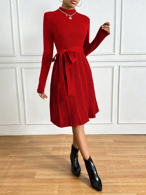 Privé Colorblock Herringbone Pattern Stand Collar Ribbed Knit Sweater Dress (Red)
