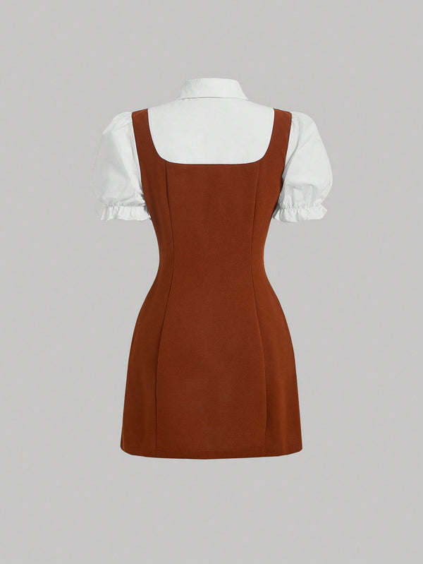 MOD Women's Double Breasted 2 In 1 Short Sleeve Dress (Brown)
