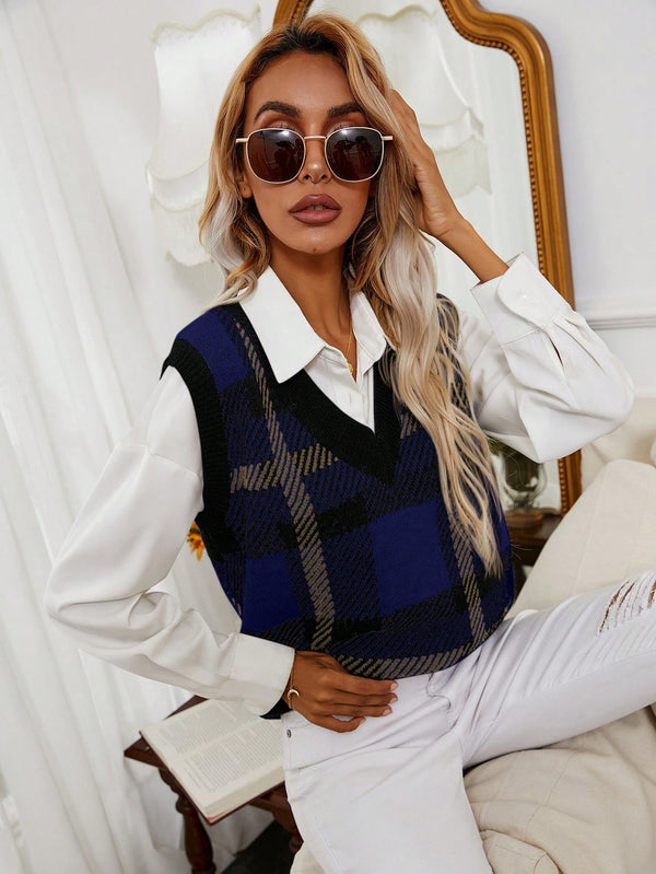 Frenchy Plaid Pattern Sweater Vest (Blue)