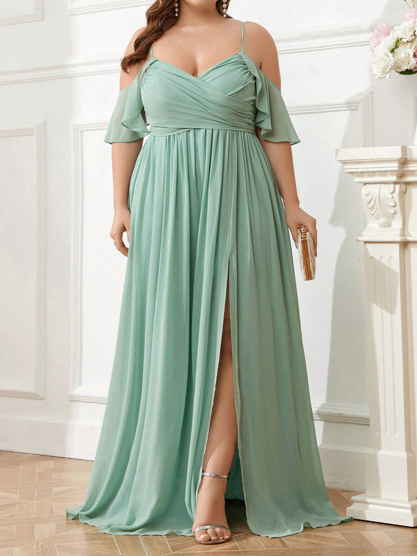 Belle Plus Size Chiffon Bridesmaid Dress With Shoulder Cut-Out, Pleated Front, Waist Belt, High Slit And Cami Straps (Mint Green)