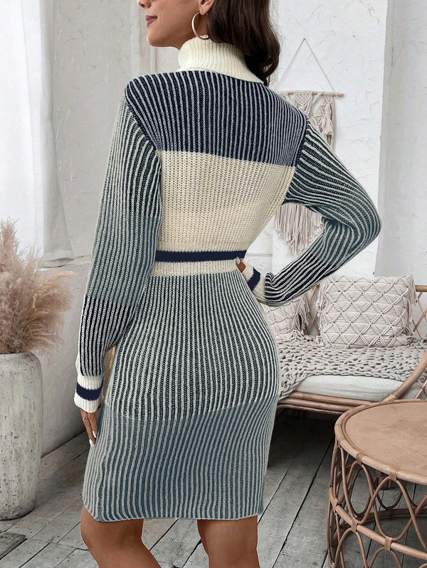 Women's Colorblock High Neck Sweater Dress (Blue)