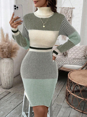 Women's Colorblock High Neck Sweater Dress (Green)