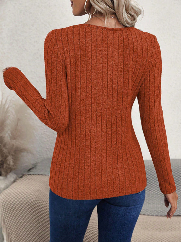 Women's Asymmetric Hem Slit Ribbed Long Sleeve T-Shirt (Orange)