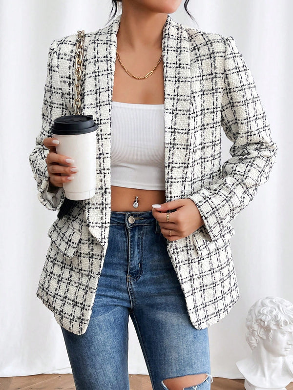 Frenchy Plaid Shawl Collar Open Front Blazer (Black and White)