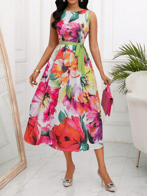 Floral Print Sleeveless Round Neck Midi Dress (Multicolor)