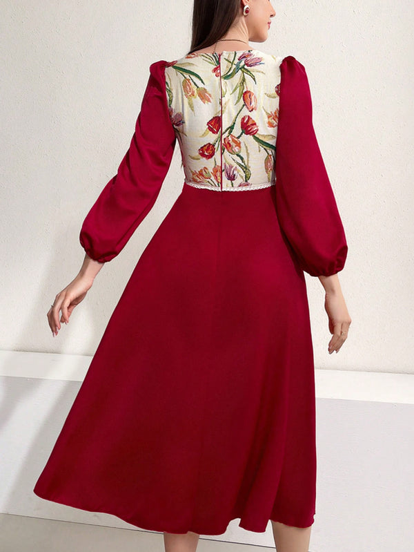 Elegant Dress With Flower Patterns, Square Neck, And Lantern Sleeves (Red)