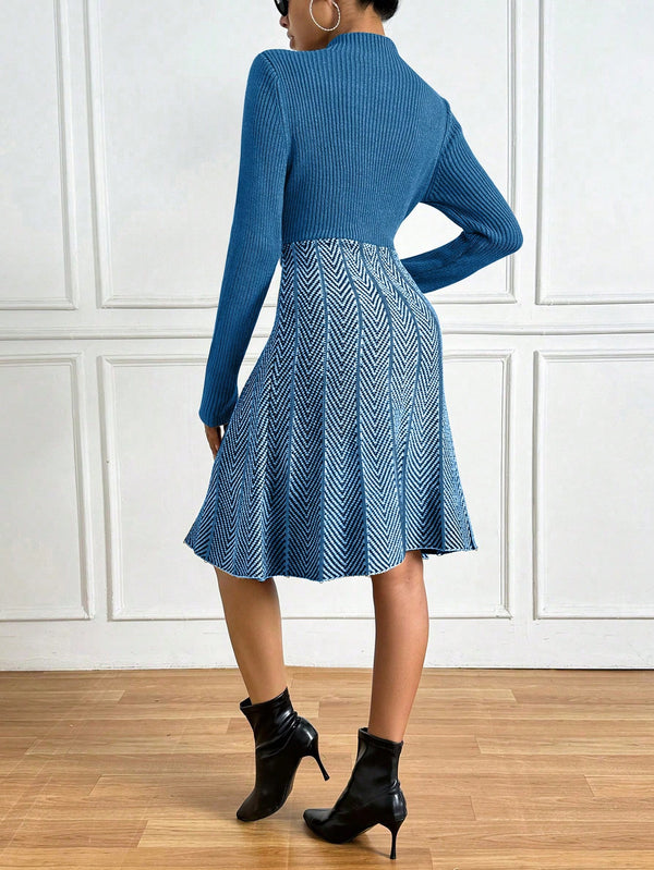 Privé Colorblock Herringbone Pattern Stand Collar Ribbed Knit Sweater Dress (Blue)