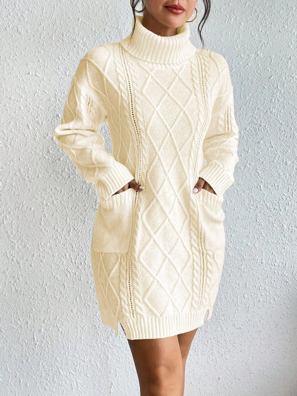 Turtleneck Dual Pocket Cable Knit Drop Shoulder Sweater Dress (Beige)