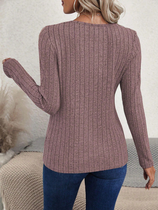 Women's Asymmetric Hem Slit Ribbed Long Sleeve T-Shirt (Pink)