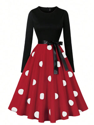 Privé Polka Dot Print Belted Dress (Red)